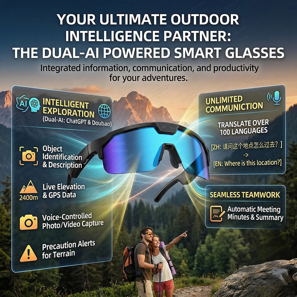 Une personne portant des lunettes intelligentes bleues est à l'extérieur, entourée d'arbres et de montagnes.