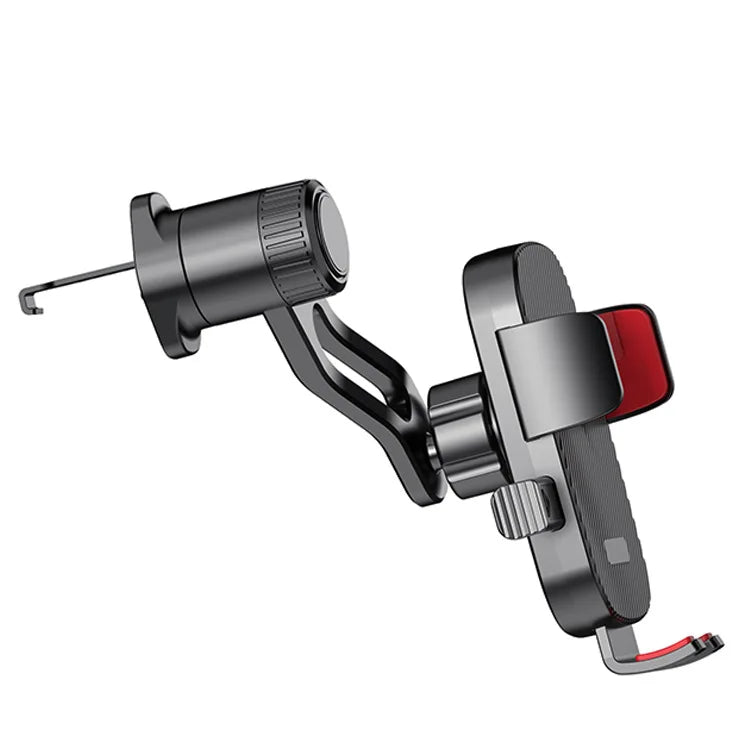 A black universal gravity car phone holder with a hook clip and adjustable clamp.