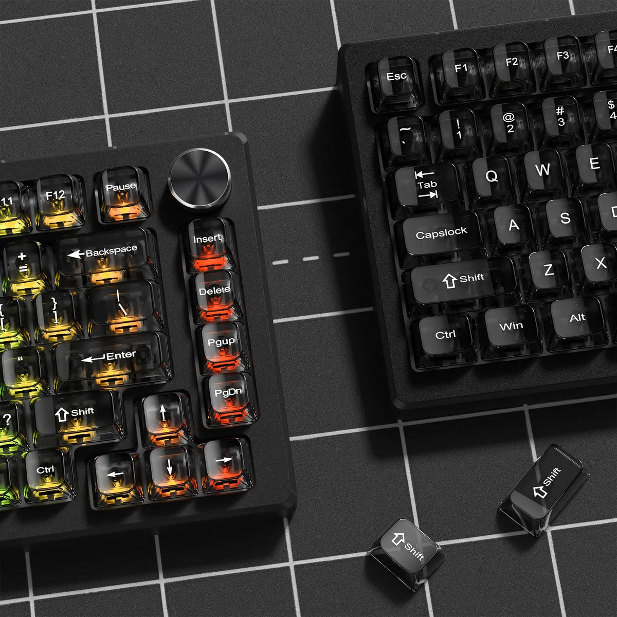 A close-up view of a black mechanical keyboard featuring an 115-key crystal clear RGB backlit keycap set.