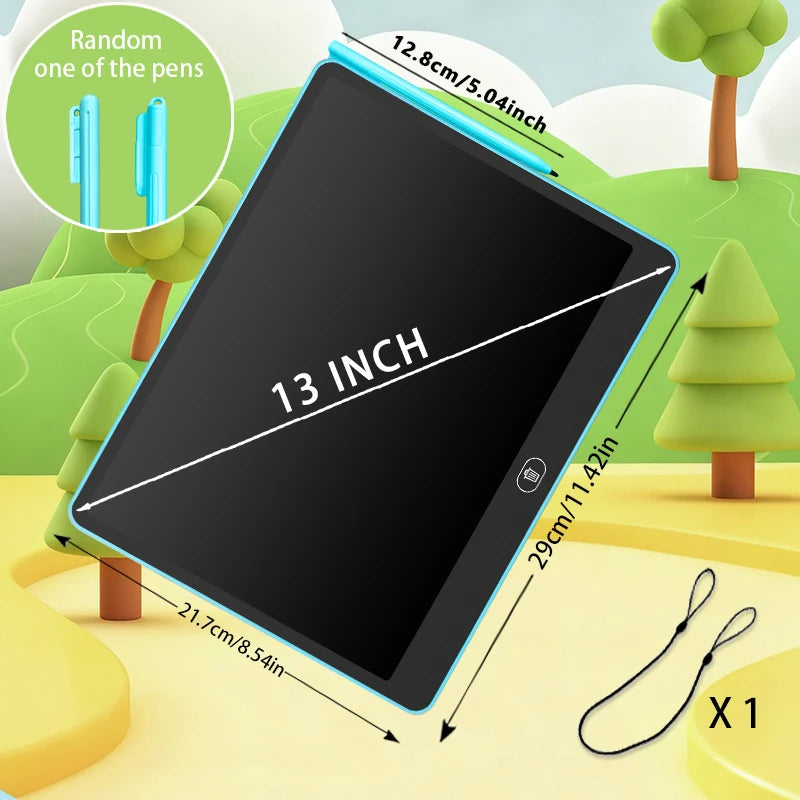 Tablette d'écriture LCD noire de 13 pouces avec lumière bleue, montrée à l'extérieur parmi des arbres verts.