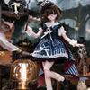 A detailed 1/6 scale BJD doll dressed in a blue and white sailor outfit with dark hair, standing in a historical-themed diora