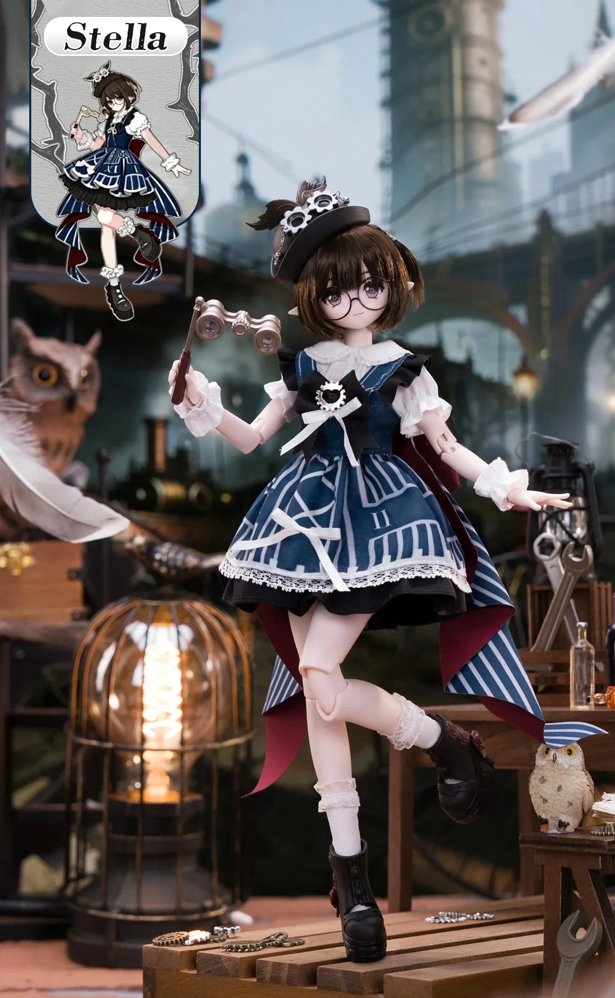 A detailed 1/6 scale BJD doll dressed in a blue and white sailor outfit with dark hair, standing in a historical-themed diora