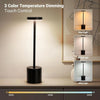 A black touch control desk lamp with three color temperature dimming options displayed on a surface.