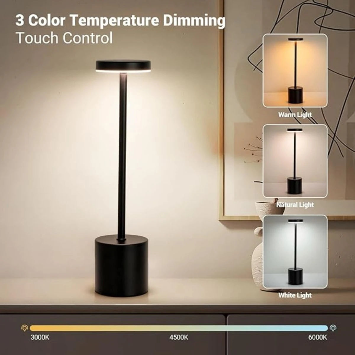 A black touch control desk lamp with three color temperature dimming options displayed on a surface.