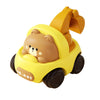 A yellow push-and-go toy car shaped like a brown bear, featuring an open hood.