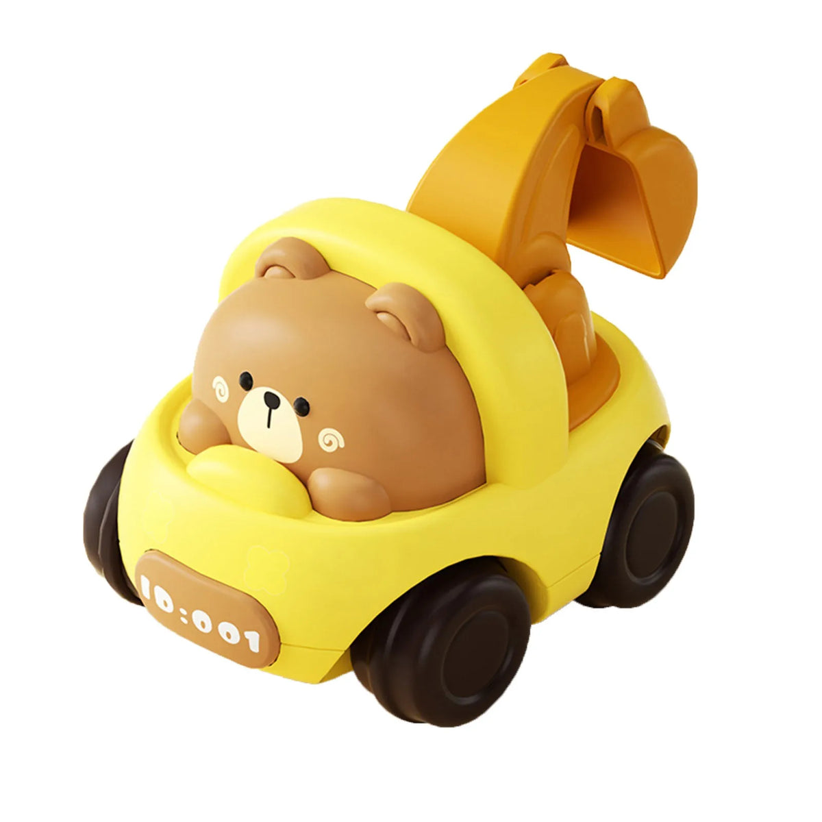 A yellow push-and-go toy car shaped like a brown bear, featuring an open hood.