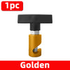 Golden metal hood lift support clip with a black plastic top and silver threaded base.