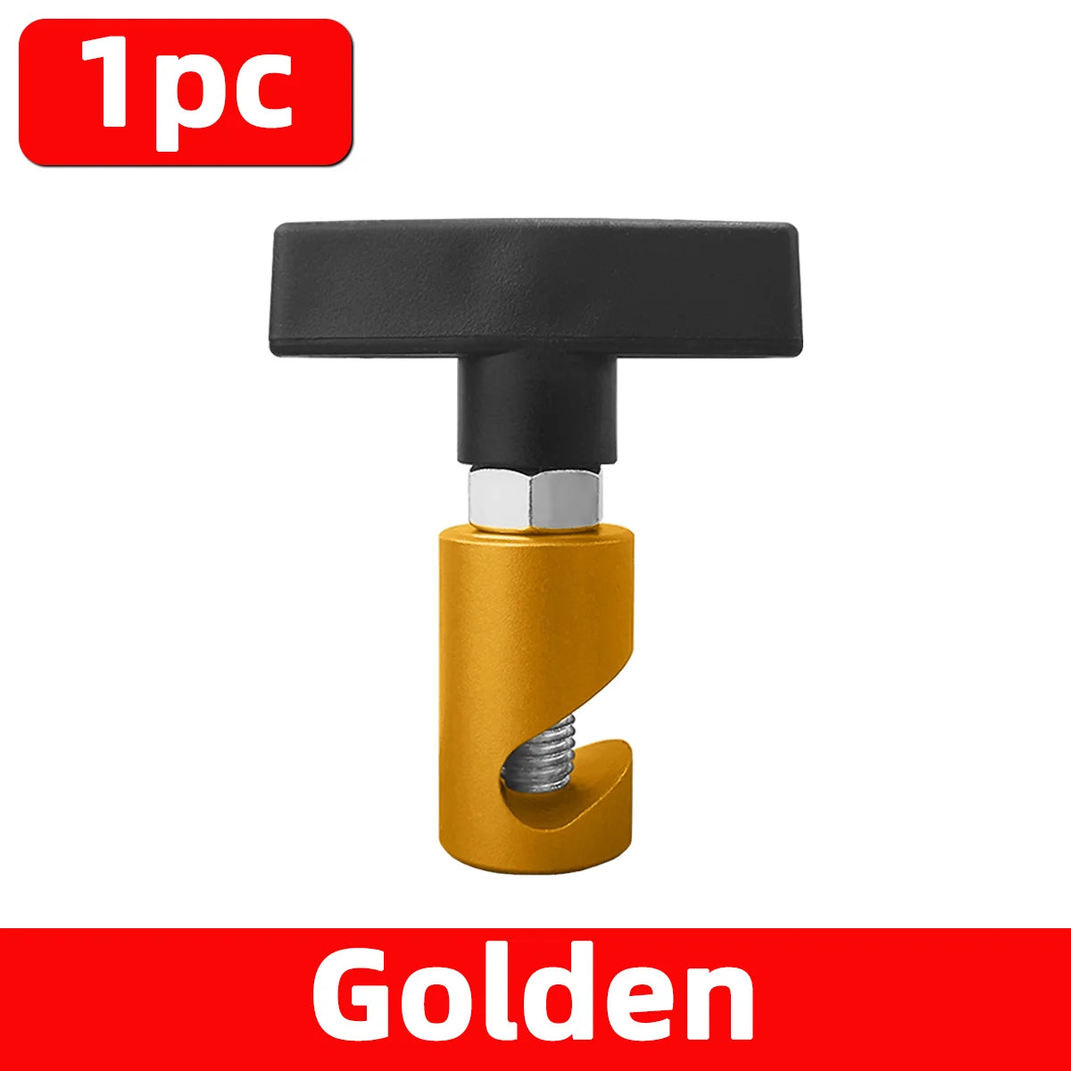 Golden metal hood lift support clip with a black plastic top and silver threaded base.