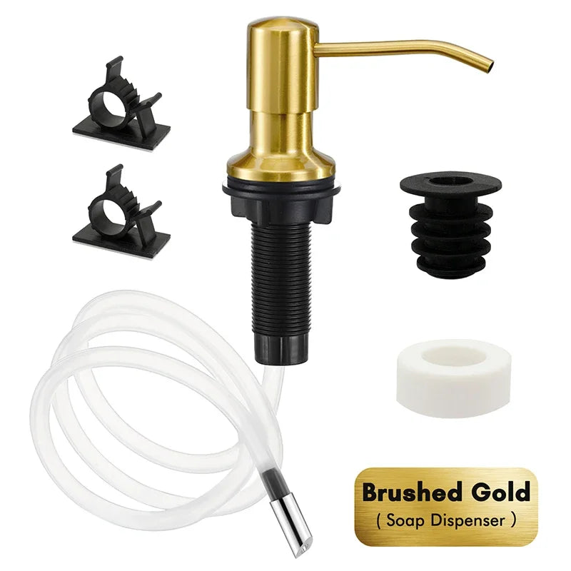 A brass soap dispenser featuring a pump mechanism and a clear silicone tube for liquid soap.