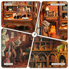 A collection of miniature furniture and decorative items including a retro desk, European fireplace, cello stand, and arcade 