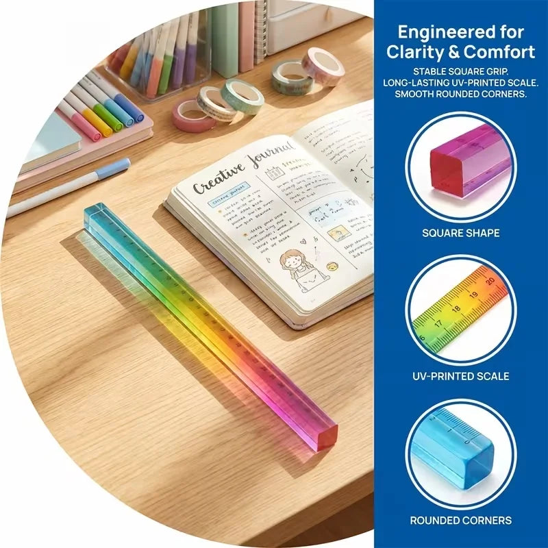 A colorful geometric cube drawing tool with a straight edge is shown next to a notebook and various colored pencils.
