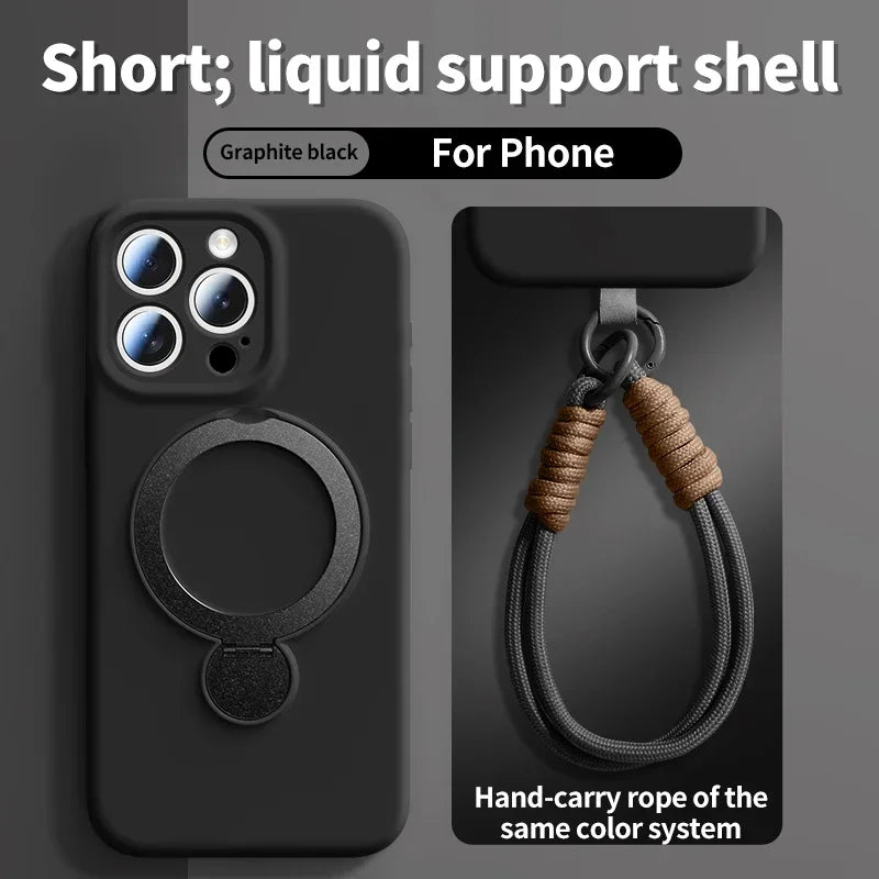 Graphite black liquid support shell for phone with a hand-carry rope lanyard