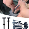 A hand is shown using a black self-locking nylon cable tie with a push clip to secure something.