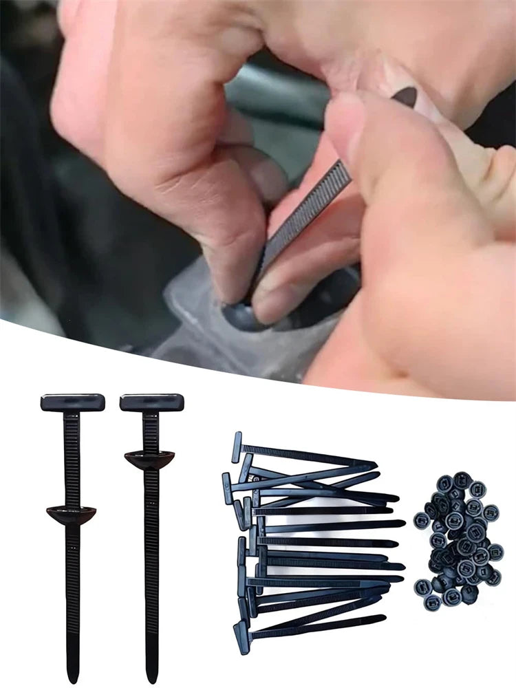 A hand is shown using a black self-locking nylon cable tie with a push clip to secure something.