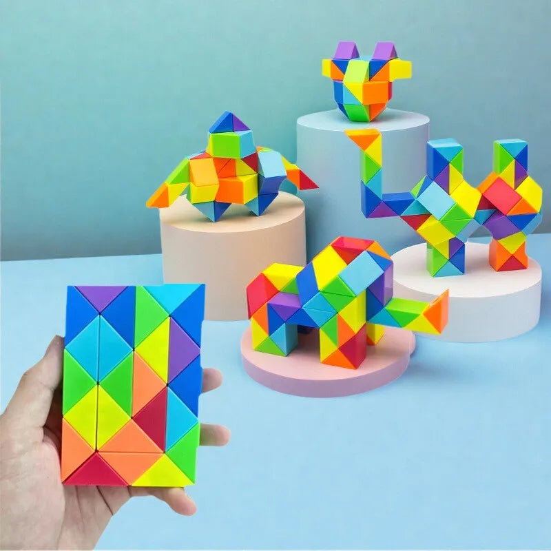 A hand holds a colorful, geometric puzzle toy with vibrant rainbow colors.