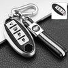 A silver key fob cover with a black leather strap and a small inset showing various functions.