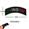 Black embroidered patch with the word CHINGON in green and red thread, featuring a hook and loop backing.
