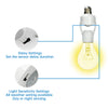 A white lamp holder with an E27 bulb and settings for delay and light sensitivity adjustments.