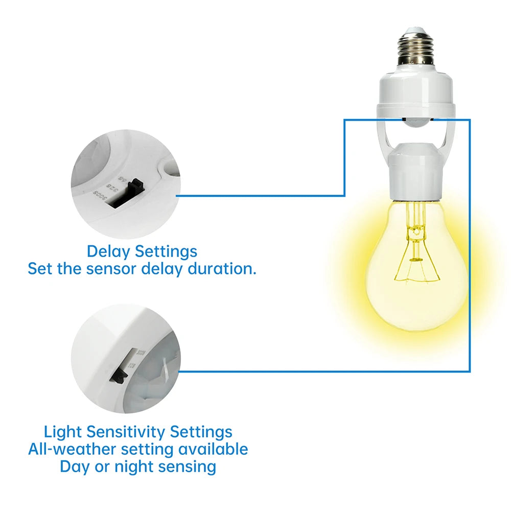 A white lamp holder with an E27 bulb and settings for delay and light sensitivity adjustments.