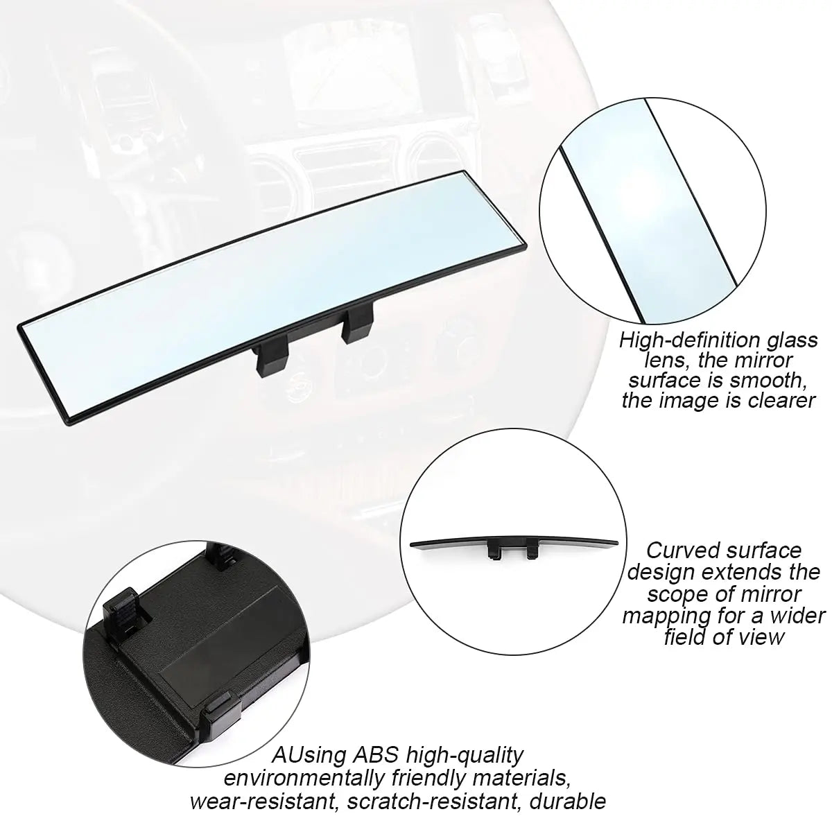 A black wide-angle panoramic rearview mirror with a smooth glass lens and durable ABS housing.