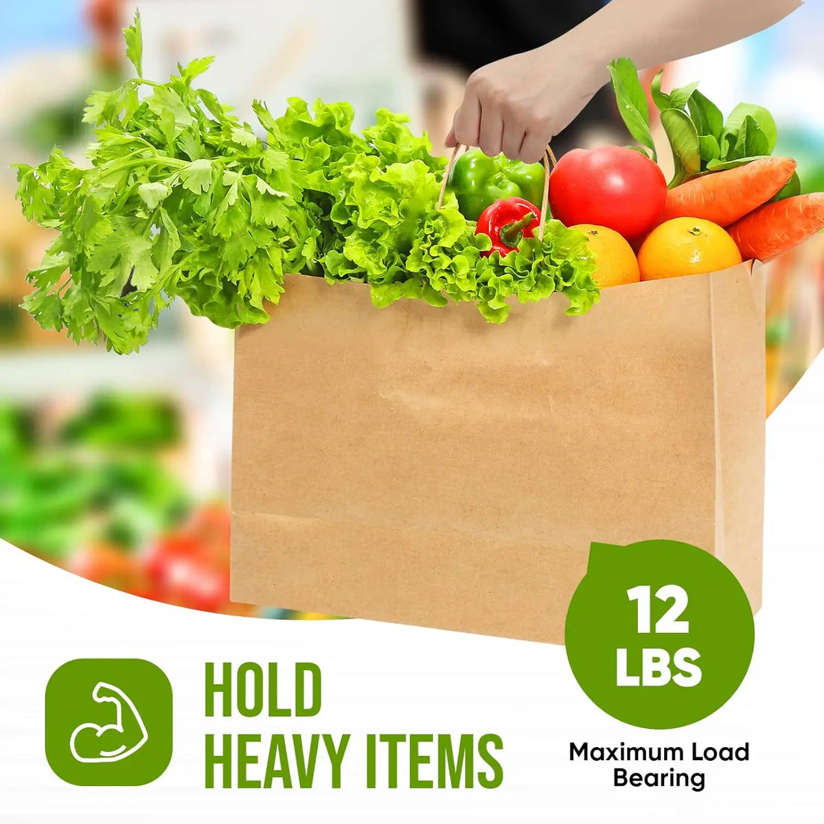 A brown kraft paper bag filled with fresh vegetables including lettuce, tomatoes, carrots, and bell peppers.