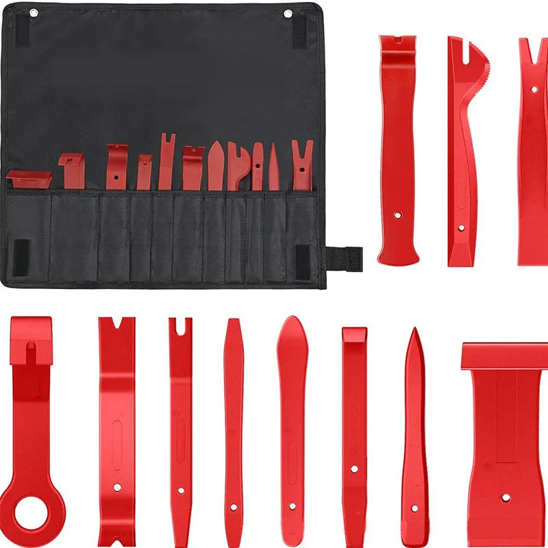 A set of 38 car trim removal tools in red and black with a storage pouch.