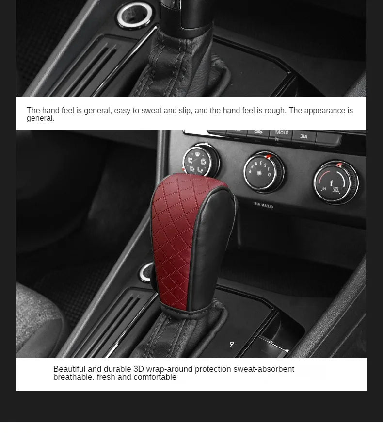 A close-up of a red PU leather hand shift cover installed on a car gear shift, showing its texture and fit.