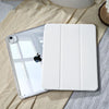 A white slim protective iPad case with a built-in pencil holder is shown resting on a beige fabric.