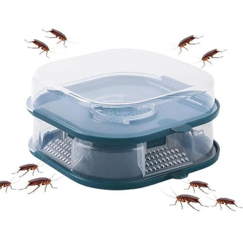 A clear plastic reusable non-toxic cockroach trap with a lid and mesh bottom, surrounded by several cockroaches.