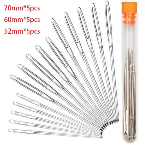 A set of large eye sewing needles for yarn, embroidery, and beading, packaged in a clear tube.