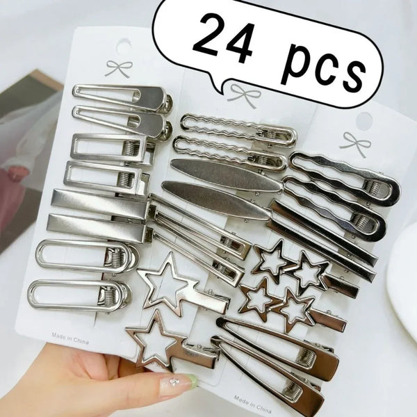 Y2K Silver Star Hairpins Set – 24-Piece Duckbill Clips