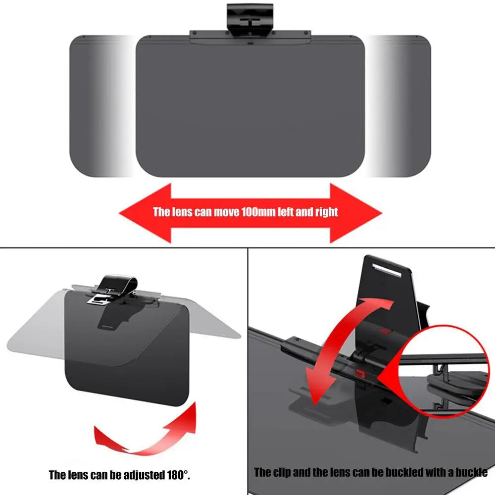 An adjustable anti-glare car sun visor extender showing the lens movement and adjustment capabilities.