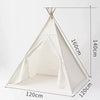 A white foldable play tent or teepee with a pitched roof and fabric curtains shown in a full view.