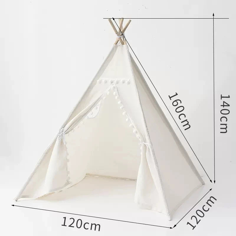 A white foldable play tent or teepee with a pitched roof and fabric curtains shown in a full view.