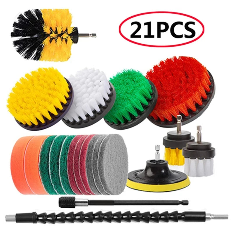 A collection of 21 drill brush cleaning tools including various bristles, foam heads, and extensions for detailing.