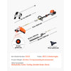 A gas-powered hedge trimmer and accessories including a mixing bottle, funnel, tool bag, shoulder straps, and gloves.