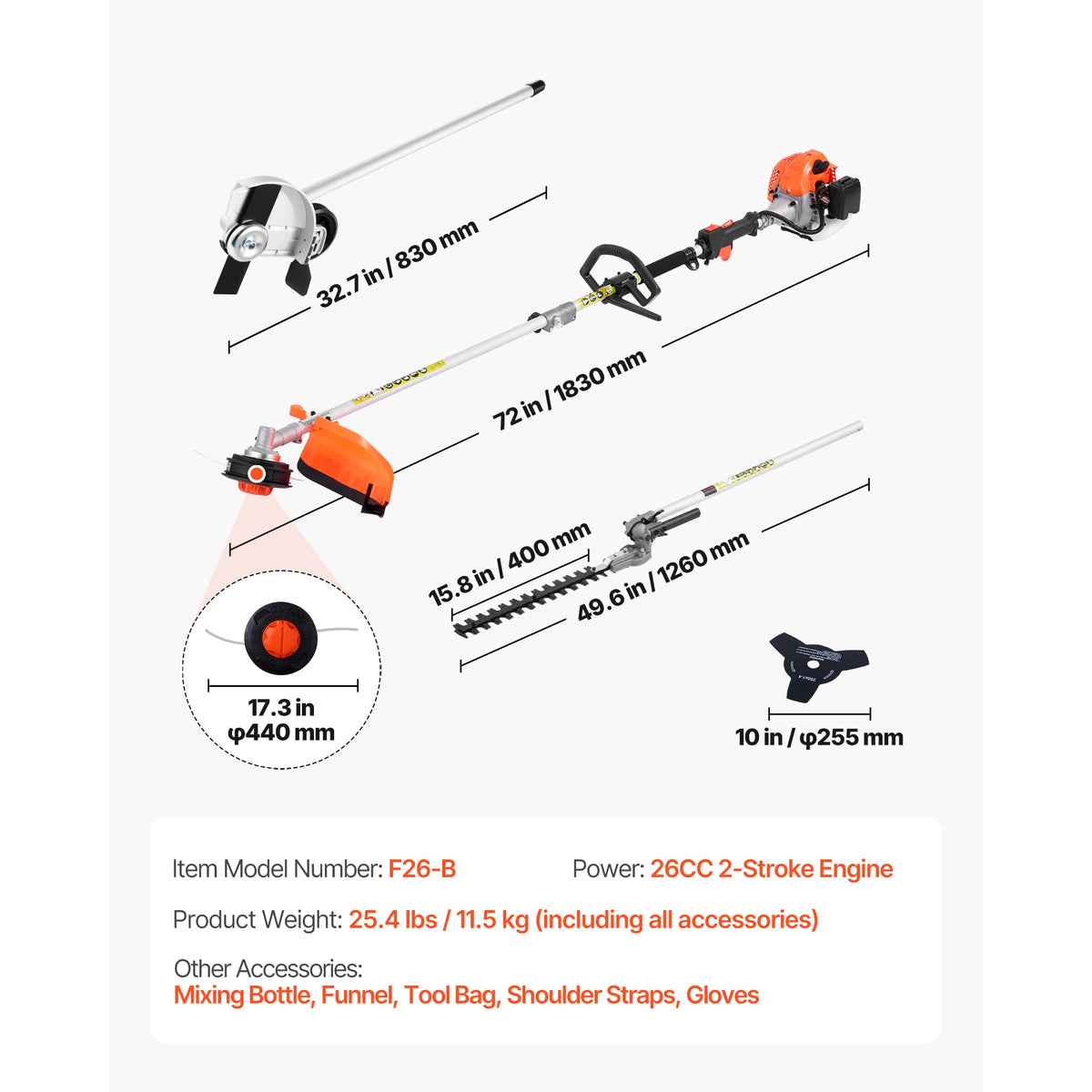 A gas-powered hedge trimmer and accessories including a mixing bottle, funnel, tool bag, shoulder straps, and gloves.