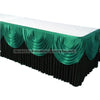 Elegant ice silk table skirt with matching top swag in green and black.