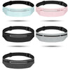 Four colored ultra-thin waterproof running waist packs shown in various shades of blue, pink, black, and gray.