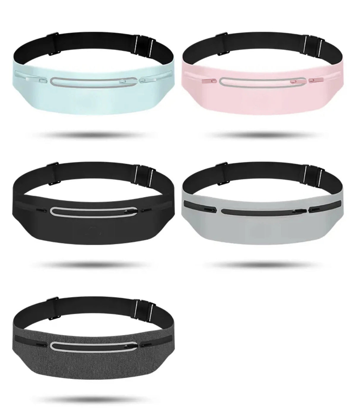 Four colored ultra-thin waterproof running waist packs shown in various shades of blue, pink, black, and gray.