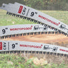 Three 9 inch Moretopgood wood pruning saw blades with 7TPI CRV teeth displayed on a wooden surface.