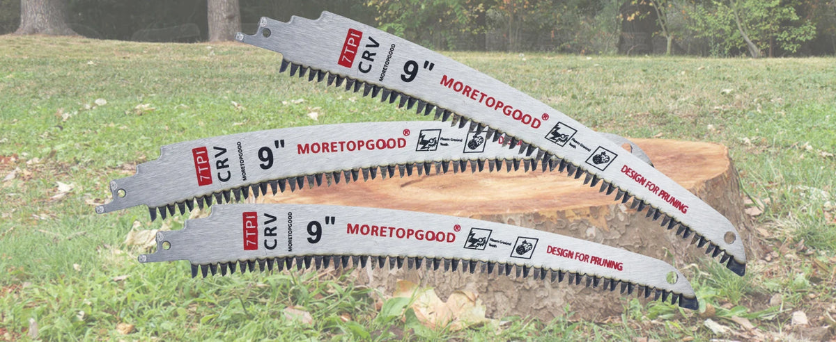 Three 9 inch Moretopgood wood pruning saw blades with 7TPI CRV teeth displayed on a wooden surface.