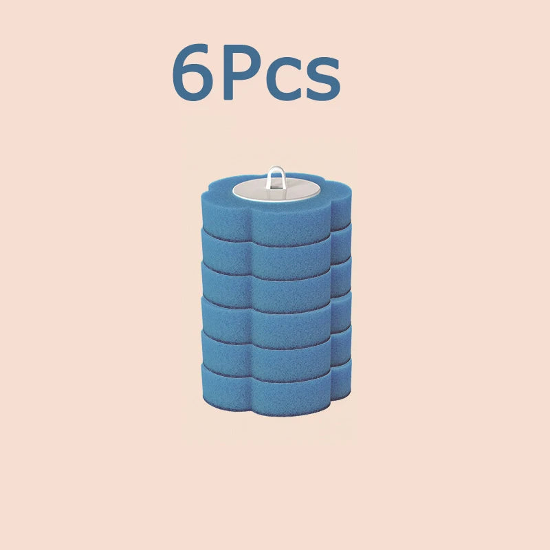 A set of six blue disposable toilet brushes and holders.