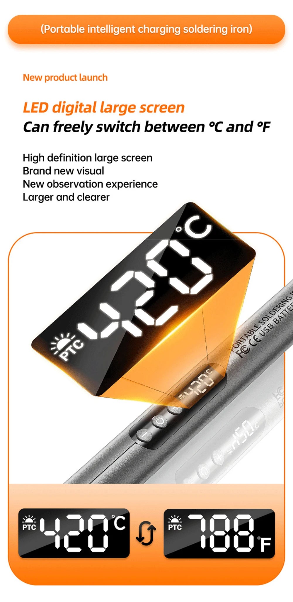 A portable intelligent charging soldering iron with an LED digital large screen displaying 420°C and 788°F.