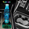 Close-up of a rechargeable LED cup holder light installed in a car interior, showing the turn on and turn off switch.