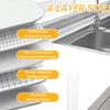Close-up of a stainless steel sink featuring a 4-layer structure for protection and durability.