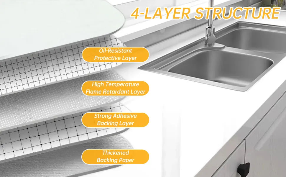 Close-up of a stainless steel sink featuring a 4-layer structure for protection and durability.