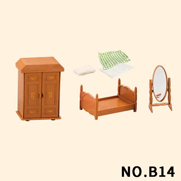 A wooden miniature dollhouse furniture set including a cabinet, a mirror, and green fabric accessories.