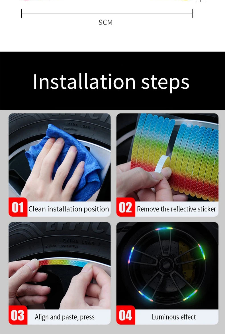 Four steps showing how to install reflective stickers on a wheel rim for night safety and style