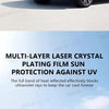 A close-up of a multi-layer laser crystal plating film protecting a car windshield.